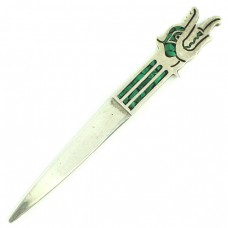 Coupe-papier mexican din argint intarsiat cu turcoaze și malachite | Quetzalcoatl  | cca.1970 Coupe-papier mexican din argint intarsiat cu turcoaze și malachite | Quetzalcoatl  | cca.1970