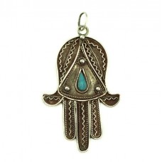 Veche amuletă Hamsa | argint filigranat & turcoaz natural | Tunisia cca.1920 Veche amuletă Hamsa | argint filigranat & turcoaz natural | Tunisia cca.1920