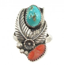 Inel etnic amerindian | argint, turcoaz natural & coral roșu natural | Statele Unite Inel etnic amerindian | argint, turcoaz natural & coral roșu natural | Statele Unite
