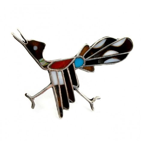 Rafinată broșă - amuletă amerindiană | Wild Rooster | argint & intarsie de pietre naturale | Statele Unite