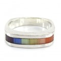 Inedit inel modernist din argint decorat cu mozaic de sidefuri naturale | Rainbow | semnat CW | Statele Unite