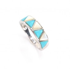 Inel modernist amerindian din argint  decorat cu turcoaze naturale Kingman și sidef natural | UNISEX | Statele Unite
