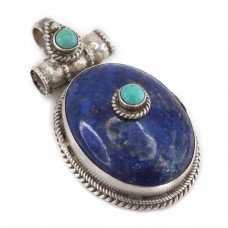 Impresionantă amuletă tibetană din argint decorat cu lapis și turcoaz natural himalayan | Nepal Impresionantă amuletă tibetană din argint decorat cu lapis și turcoaz natural himalayan | Nepal