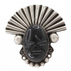 Broșă statement mid-century mexicană Aztec Warrior | argint & obsidian Gold Sheen | design Hector Aguilar cca.1960 Broșă statement mid-century mexicană Aztec Warrior | argint & obsidian Gold Sheen | design Hector Aguilar cca.1960