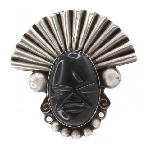 Broșă statement mid-century mexicană Aztec Warrior | argint & obsidian Gold Sheen | design Hector Aguilar cca.1960