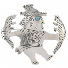 Broșă-pandant statement ilustrând un șaman aztec | argint & turcoaz natural | Mexic cca. 1980 Broșă-pandant statement ilustrând un șaman aztec | argint & turcoaz natural | Mexic cca. 1980