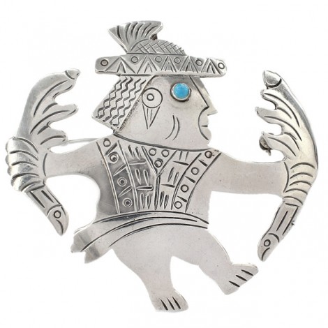 Broșă-pandant statement ilustrând un șaman aztec | argint & turcoaz natural | Mexic cca. 1980