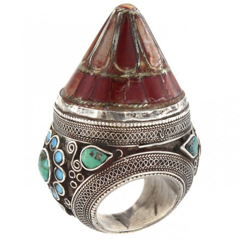 Opulent inel etnic kuchi decorat cu turcoaz persan, email și sticlă suflată | manufactură în argint | Iran cca 1900