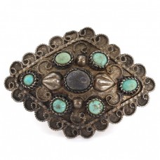 Veche broșă egipteană decorată cu turcoaze naturale și tuf vulcanic | manufactură în argint | cca. 1940 Veche broșă egipteană decorată cu turcoaze naturale și tuf vulcanic | manufactură în argint | cca. 1940