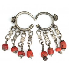 Vechi cercei etnici iudeo-berberi Dewwah | manufactură în aliaj de argint & coral antic natural | Maroc sec XIX