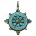 Veche amuletă tibetană Dharmachakra | manufactură în argint & turcoaze naturale himalayene | Nepal