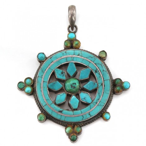 Veche amuletă tibetană Dharmachakra | manufactură în argint & turcoaze naturale himalayene | Nepal