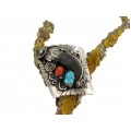 Amuletă amerindiană pentru cravata bolo | aliaj de argint gheară de urs , turcoaz & coral natural | Statele Unite