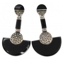 Cercei statement splendid stilizați în manieră Art Deco | argint, marcasite & obsidian | Franța 