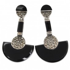 Cercei statement splendid stilizați în manieră Art Deco | argint, marcasite & obsidian | Franța  Cercei statement splendid stilizați în manieră Art Deco | argint, marcasite & obsidian | Franța