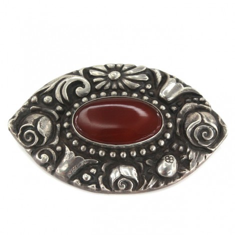 Veche broșă Art Nouveau scandinavă | Skonvirke | manufactură în argint & carnelian | Danemarca cca. 1910