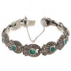 Brățară Art Deco din argint decorat cu agate verzi și incrustații de marcasite | Germania cca. 1940-1950  Brățară Art Deco din argint decorat cu agate verzi și incrustații de marcasite | Germania cca. 1940-1950