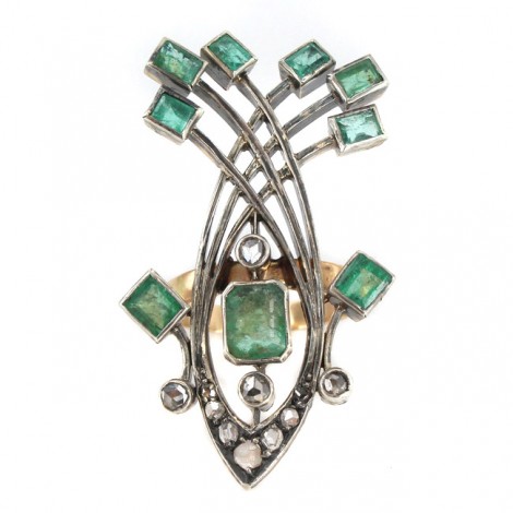 Spectaculos inel statement Art Nouveau decorat cu smaralde și diamante naturale | cca. 1900 -1910