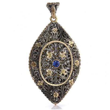 Pandant locket victorian tip vinaigrette manufacturat în aur 15 k și argint decorat cu safire naturale | Marea Britanie cca.1850