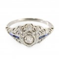 Rafinat inel Art Deco din aur alb 18 k cu diamant natural 0.30 CT și safire baguette | Franța cca. 1920