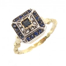 Inel Art Deco din aur 14 k și argint decorat cu o bogată suită de safire și diamante naturale | Franța cca.1920 Inel Art Deco din aur 14 k și argint decorat cu o bogată suită de safire și diamante naturale | Franța cca.1920