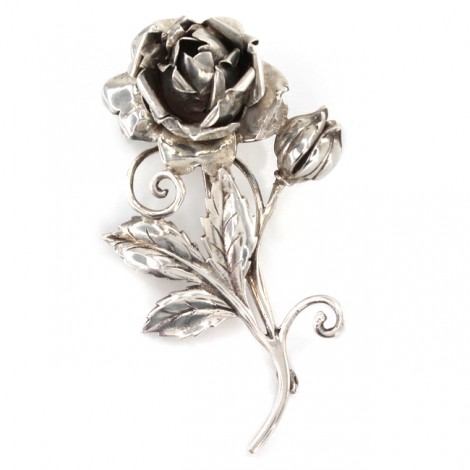 Large universe going to decide back Superbă broșă statement din argint stilzată sub forma unui fir de trandafir  | manufactură de atelier american | cca.1960