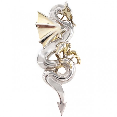 Broșă statement modernistă inedit stilizată sub forma unui dragon | argint parțial suflat cu aur | anii 2000