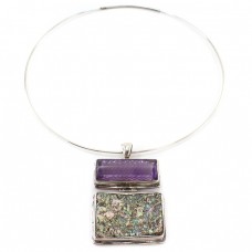 Colier choker accesorizat cu un spectaculos pandant statement modernist | argint, ametist natural & sidef Abalone | Statele Unite  Colier choker accesorizat cu un spectaculos pandant statement modernist | argint, ametist natural & sidef Abalone | Statele Unite
