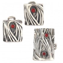 Set de bijuterii moderniste din argint decorat cu anturaje de coral natural | cercei clips & inel reglabil 