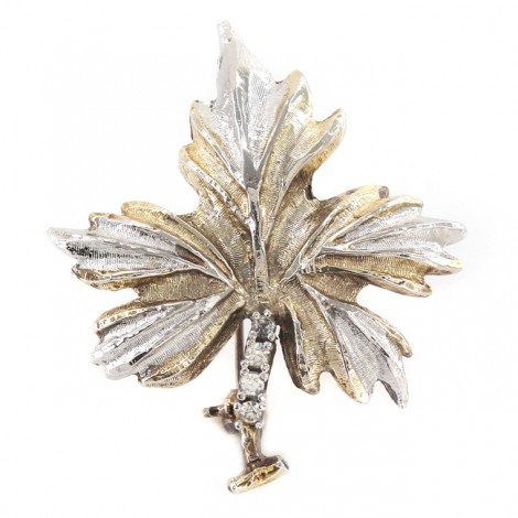 Broșă vintage din argint stilizată sub forma unei frunze de arțar | argint parțial aurit & cristale zirconium | 1980 -1990