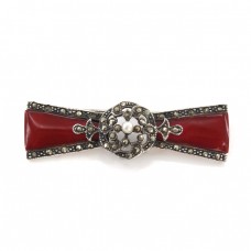 Splendidă broșă Art Deco din argint decorat cu anturaje de carneol, incrustații de marcasite & perlă de cultură | Franța  Splendidă broșă Art Deco din argint decorat cu anturaje de carneol, incrustații de marcasite & perlă de cultură | Franța