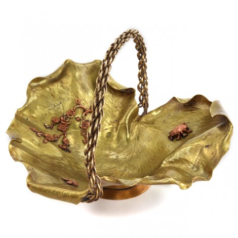 Spectaculos coș japonez Art Nouveau pentru aranjamente ikebana  | bronz aurit & cuprat | perioadă Meiji | cca.1900