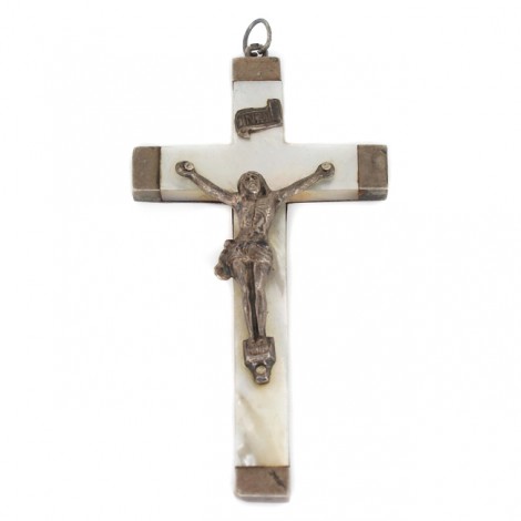 Vechi crucifix pectoral din argint și sidef natural | Franța anul 1896 