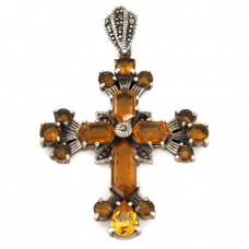 Pandant cruce Art Deco din argint decorat cu citrine Bohemia & marcasite | Crux gemmata | stil Theodor Fahrner | cca. 1920 - 1930 Pandant cruce Art Deco din argint decorat cu citrine Bohemia & marcasite | Crux gemmata | stil Theodor Fahrner | cca. 1920 - 1930