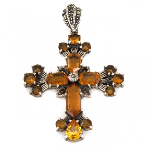 Pandant cruce Art Deco din argint decorat cu citrine Bohemia & marcasite | Crux gemmata | stil Theodor Fahrner | cca. 1920 - 1930