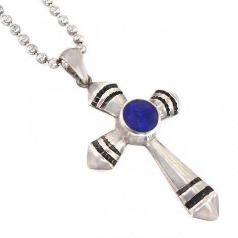 Colier cu pandant religios modernist din argint decorat cu lapis lazuli | manufactură de atelier britanic | anii 2000