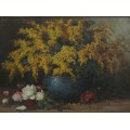 Pictură Elena Muller - Stăncescu | Sânziene și trandafiri | ulei pe carton | lucrare atribuită
