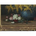 Pictură Elena Muller - Stăncescu | Sânziene și trandafiri | ulei pe carton | lucrare atribuită