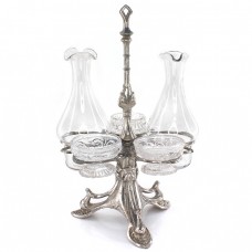 Olivieră Art Nouveau cu 5 recipiente pentru condimente | antimoniu argintat & sticlă | cca.1900 - 1910 Olivieră Art Nouveau cu 5 recipiente pentru condimente | antimoniu argintat & sticlă | cca.1900 - 1910