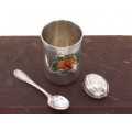 Garnitură din argint pentru cadoul de botez: pahar, linguriță & cutiuță | Italia cca. 1960 -1970