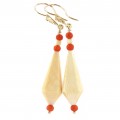 Cercei victorieni teardrop din aur 14k decorați cu fildeș și coral natural oxblood | Marea Britanie - secol XIX