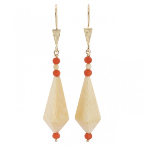 Cercei victorieni teardrop din aur 14k decorați cu fildeș și coral natural oxblood | Marea Britanie - secol XIX