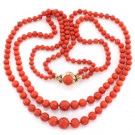 Colier double-strand de coral roșu de Sardinia & aur 14 K | cca. 1950 - 1970