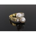 Inel stil Art Deco din aur 18 k decorat cu diamante și perle naturale de cultură | cca. 1970