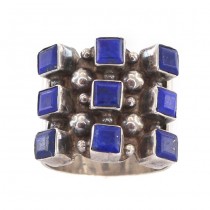 Inedit inel vintage modernist manufacturat în argint decorat cu anturaje de lapis lazuli natural | cca.1970
