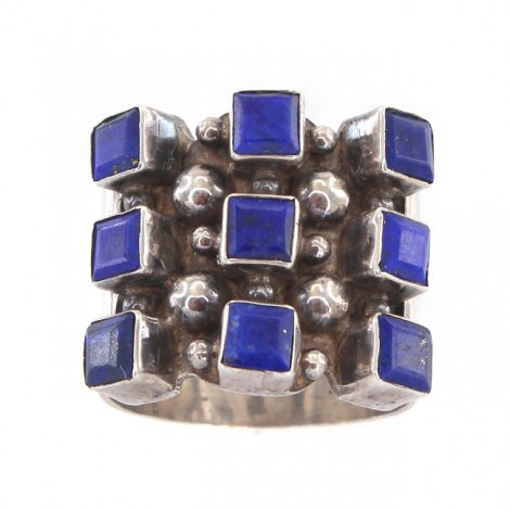 Inedit inel vintage modernist manufacturat în argint decorat cu anturaje de lapis lazuli natural | cca.1970
