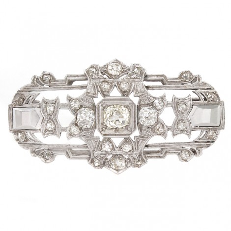 Broșă Art Deco din aur alb 18K decorată cu diamante naturale 2,85 CTW | diamant central 0.77 CT | Franța cca. 1920 - 1930