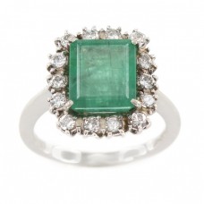 Inel Art Deco din aur alb 18K decorat cu smarald natural 3 CT și diamante naturale 0.42 CT   Inel Art Deco din aur alb 18K decorat cu smarald natural 3 CT și diamante naturale 0.42 CT