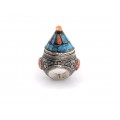 Opulent inel etnic Pashtun din argint decorat cu turcoaze, coral și onix roz | Khorasan - Iran