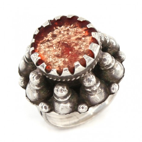 Inedit inel etnic indo-persan manufacturat în argint | anturaj din sticlă cu foiță de cupru | Afganistan